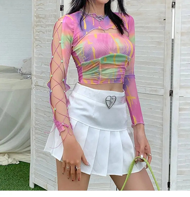Hollow Bandage T-Shirt Women Sweet Suits Color Pattern Mesh Camisole + Long Sleeve Smock Female - Blade & Thread