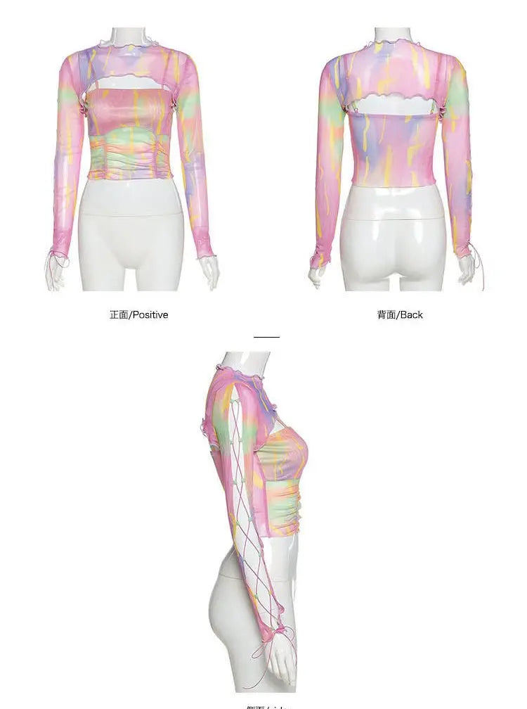 Hollow Bandage T-Shirt Women Sweet Suits Color Pattern Mesh Camisole + Long Sleeve Smock Female - Blade & Thread