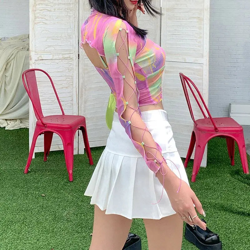 Hollow Bandage T-Shirt Women Sweet Suits Color Pattern Mesh Camisole + Long Sleeve Smock Female - Blade & Thread