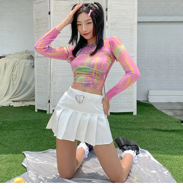 Hollow Bandage T-Shirt Women Sweet Suits Color Pattern Mesh Camisole + Long Sleeve Smock Female - Blade & Thread