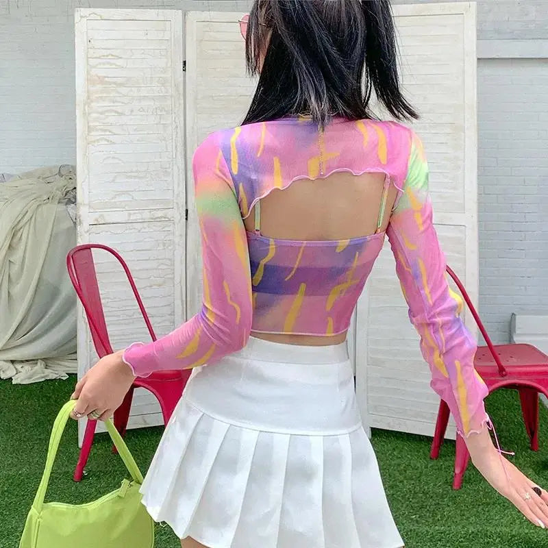 Hollow Bandage T-Shirt Women Sweet Suits Color Pattern Mesh Camisole + Long Sleeve Smock Female - Blade & Thread