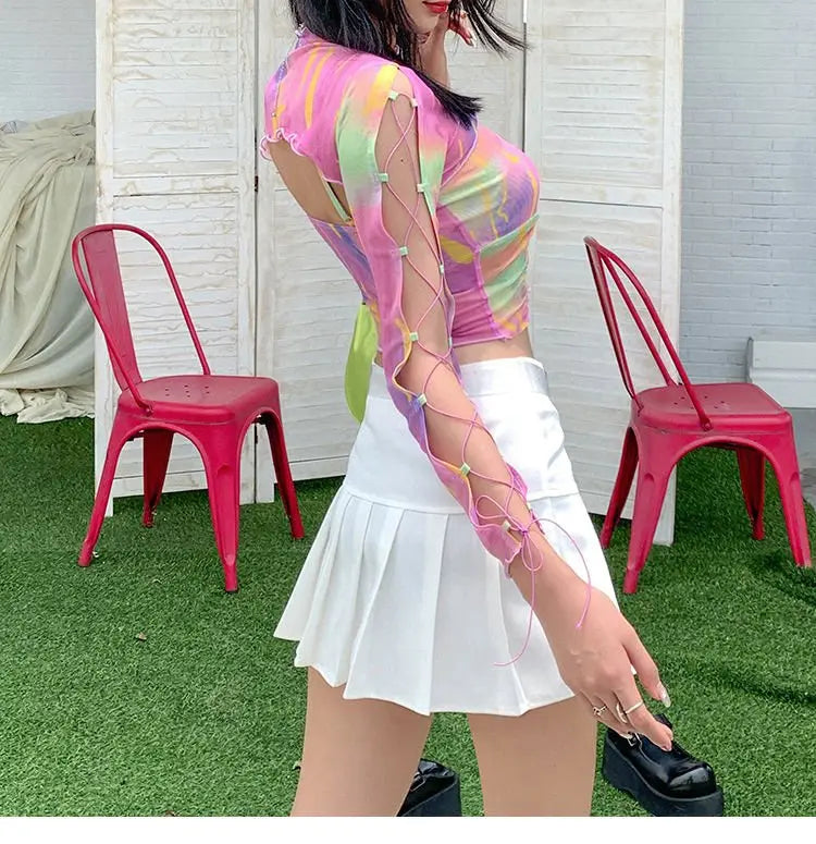 Hollow Bandage T-Shirt Women Sweet Suits Color Pattern Mesh Camisole + Long Sleeve Smock Female - Blade & Thread