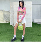 Hollow Bandage T-Shirt Women Sweet Suits Color Pattern Mesh Camisole + Long Sleeve Smock Female nowadaysfashion