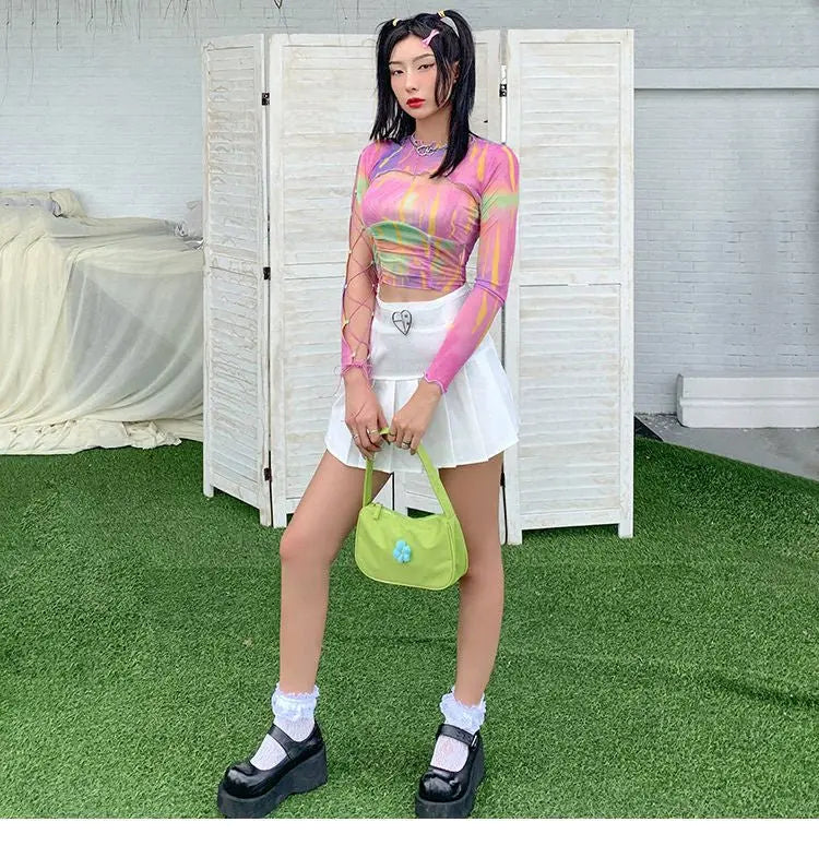 Hollow Bandage T-Shirt Women Sweet Suits Color Pattern Mesh Camisole + Long Sleeve Smock Female nowadaysfashion