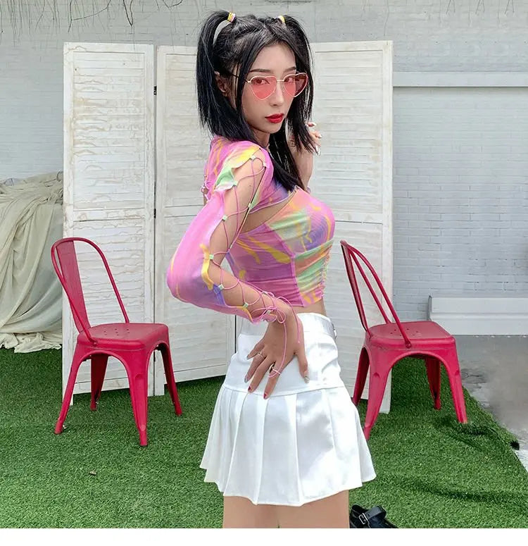 Hollow Bandage T-Shirt Women Sweet Suits Color Pattern Mesh Camisole + Long Sleeve Smock Female - Blade & Thread