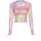 Hollow Bandage T-Shirt Women Sweet Suits Color Pattern Mesh Camisole + Long Sleeve Smock Female nowadaysfashion