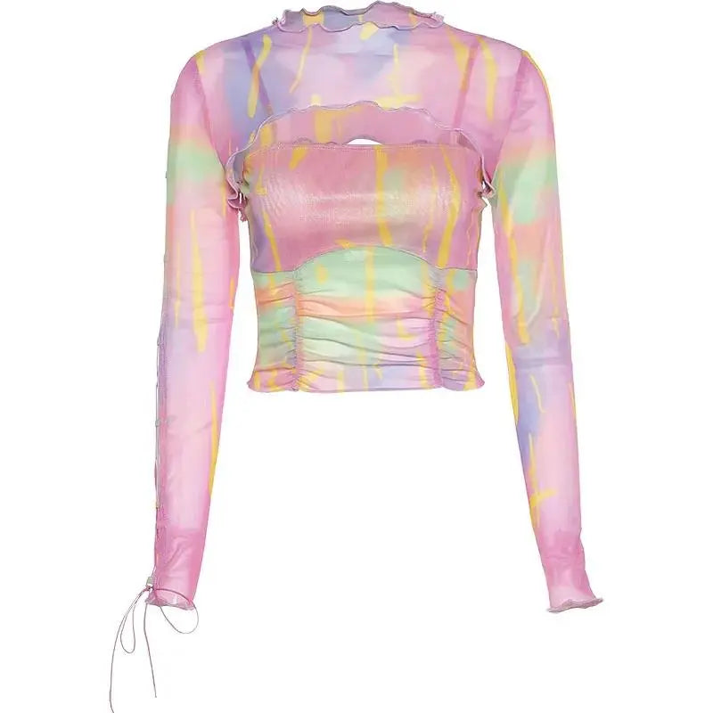 Hollow Bandage T-Shirt Women Sweet Suits Color Pattern Mesh Camisole + Long Sleeve Smock Female nowadaysfashion