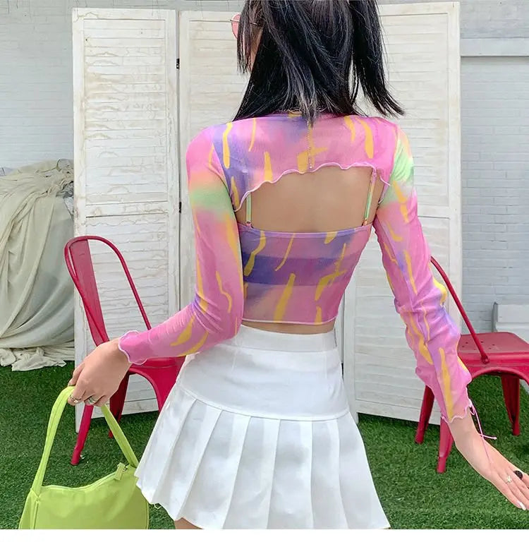 Hollow Bandage T-Shirt Women Sweet Suits Color Pattern Mesh Camisole + Long Sleeve Smock Female - Blade & Thread