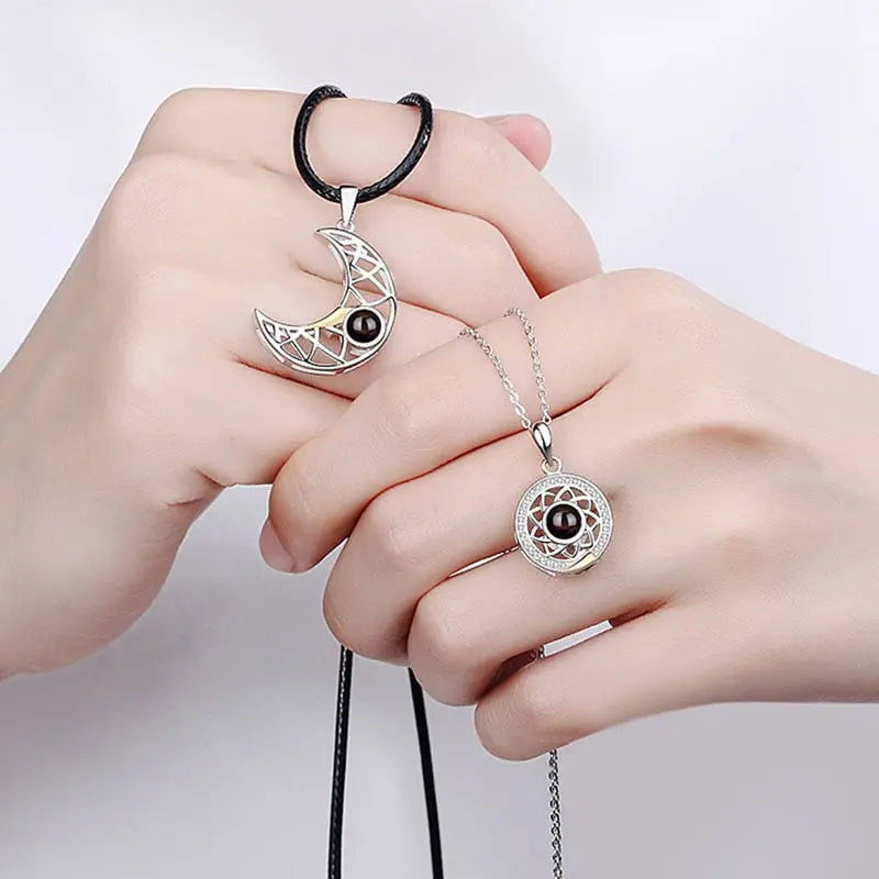 Hollow Design Sun Moon Magnet Puzzle matching necklaces 100 Language I Love You Couple Necklaces nowadaysfashion