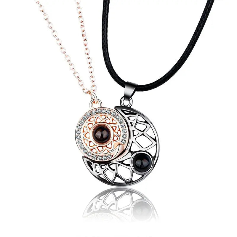 Hollow Design Sun Moon Magnet Puzzle matching necklaces 100 Language I Love You Couple Necklaces nowadaysfashion