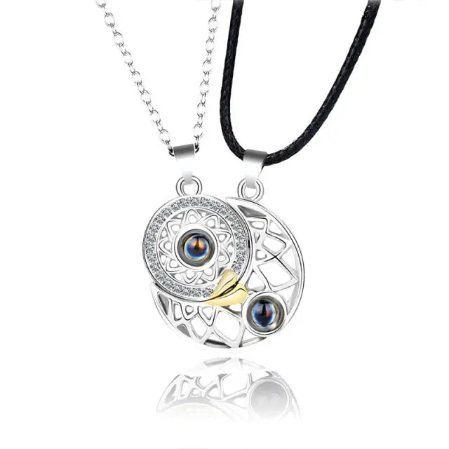 Hollow Design Sun Moon Magnet Puzzle matching necklaces 100 Language I Love You Couple Necklaces nowadaysfashion