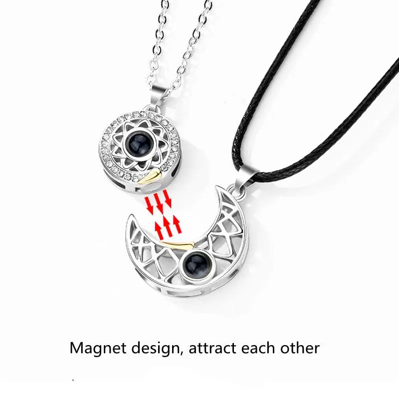 Hollow Design Sun Moon Magnet Puzzle matching necklaces 100 Language I Love You Couple Necklaces nowadaysfashion