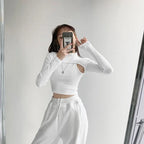 Hollow Knitted Crop Tops Women New Fitness Fake Two-piece T-shirt Female Long Sleeve Tops nowadaysfashion