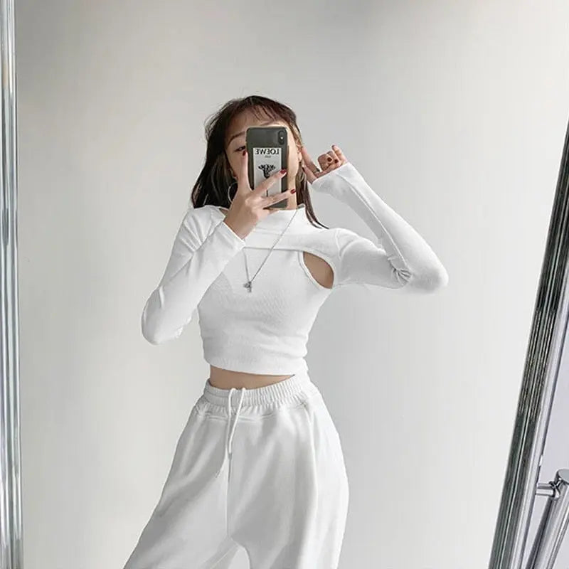 Hollow Knitted Crop Tops Women New Fitness Fake Two-piece T-shirt Female Long Sleeve Tops nowadaysfashion