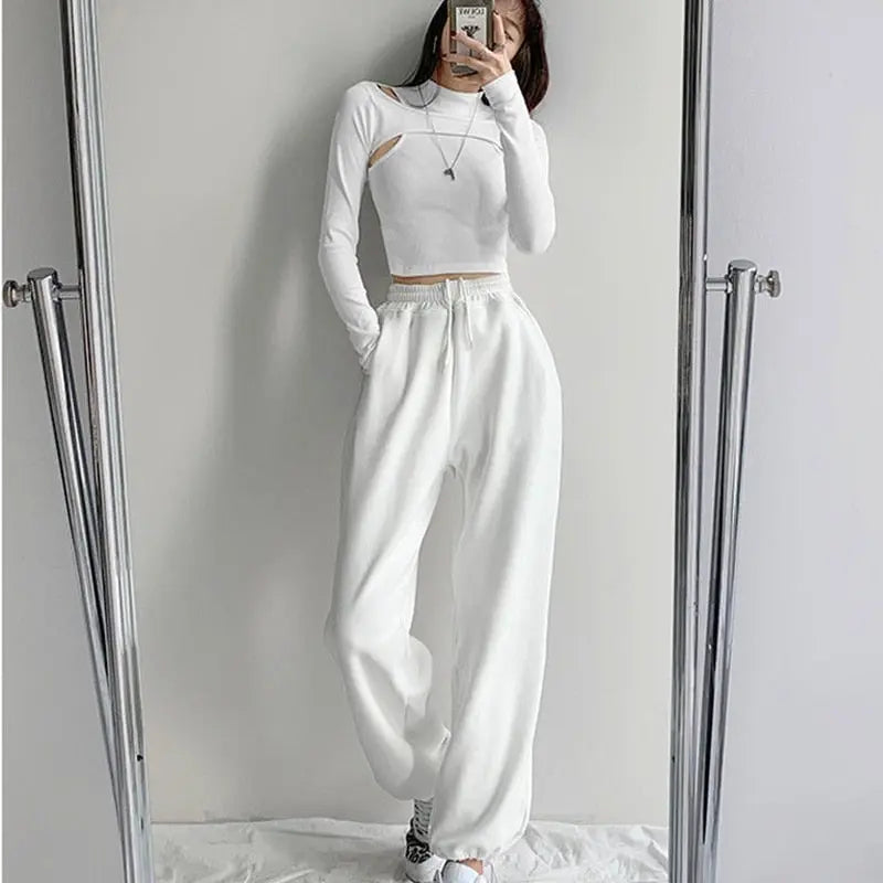 Hollow Knitted Crop Tops Women New Fitness Fake Two-piece T-shirt Female Long Sleeve Tops nowadaysfashion