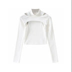 Hollow Knitted Crop Tops Women New Fitness Fake Two-piece T-shirt Female Long Sleeve Tops nowadaysfashion