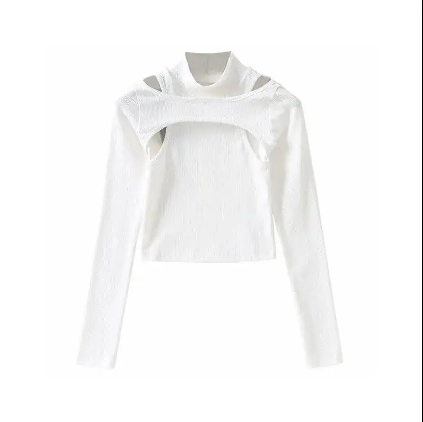 Hollow Knitted Crop Tops Women New Fitness Fake Two-piece T-shirt Female Long Sleeve Tops nowadaysfashion