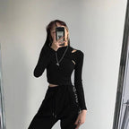 Hollow Knitted Crop Tops Women New Fitness Fake Two-piece T-shirt Female Long Sleeve Tops nowadaysfashion