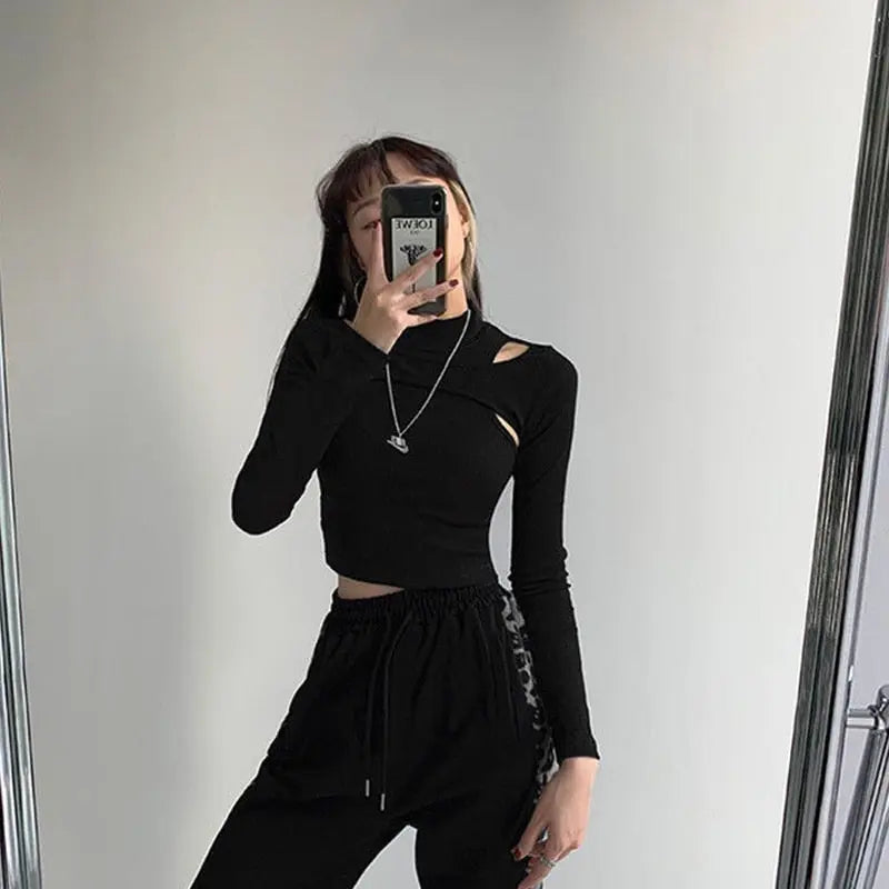 Hollow Knitted Crop Tops Women New Fitness Fake Two-piece T-shirt Female Long Sleeve Tops nowadaysfashion
