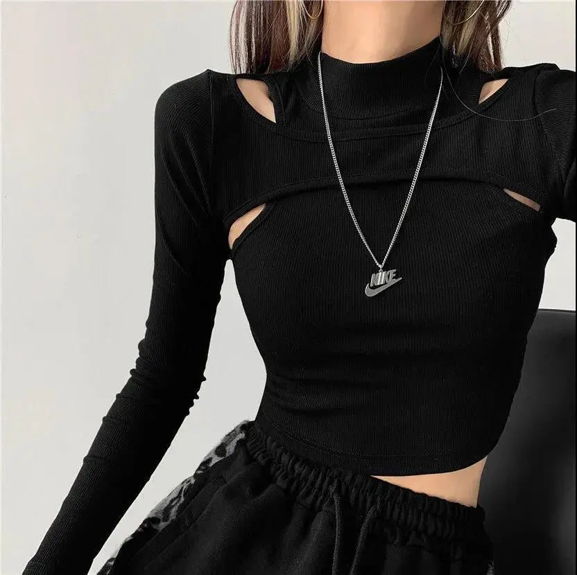 Hollow Knitted Crop Tops Women New Fitness Fake Two-piece T-shirt Female Long Sleeve Tops nowadaysfashion
