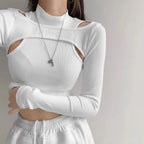 Hollow Knitted Crop Tops Women New Fitness Fake Two-piece T-shirt Female Long Sleeve Tops nowadaysfashion