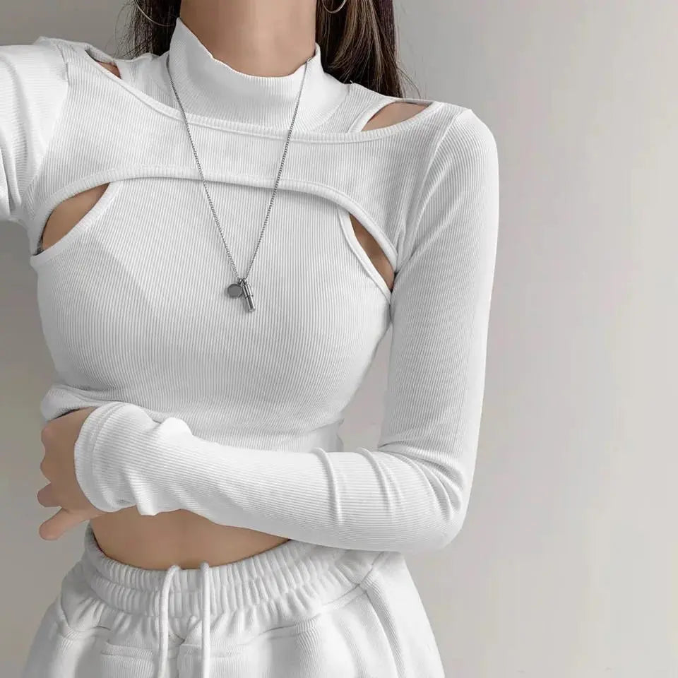 Hollow Knitted Crop Tops Women New Fitness Fake Two-piece T-shirt Female Long Sleeve Tops nowadaysfashion