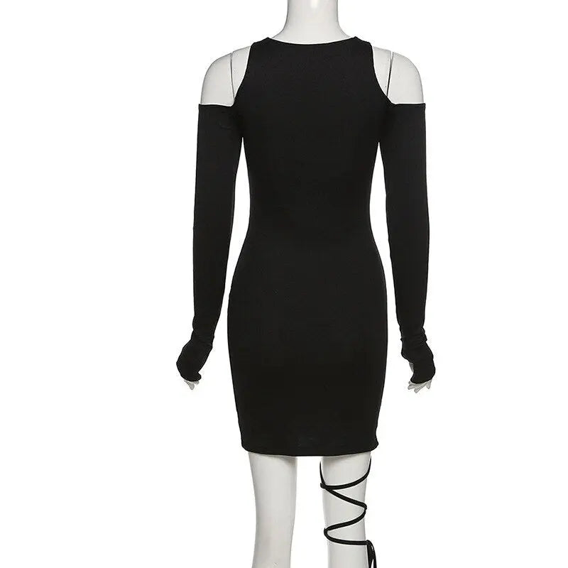 Hollow Out Long Sleeve Bandage Wrap Dress Women Off Shoulder Bodycon Mini Nightclub Dresses nowadaysfashion