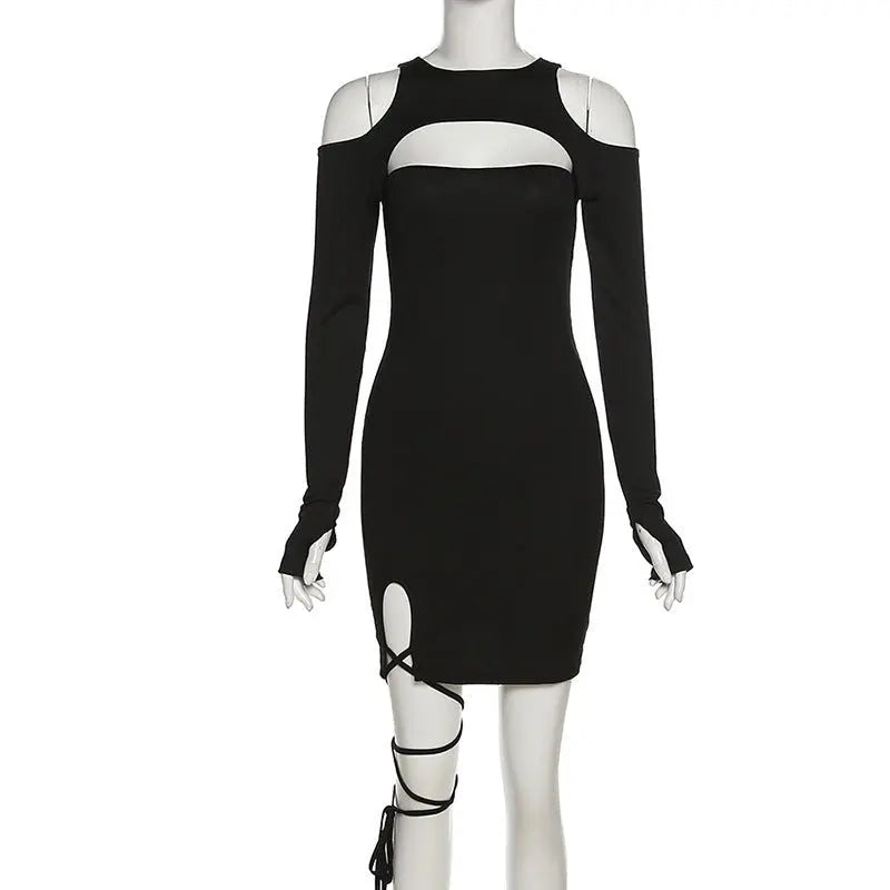 Hollow Out Long Sleeve Bandage Wrap Dress Women Off Shoulder Bodycon Mini Nightclub Dresses - Blade & Thread
