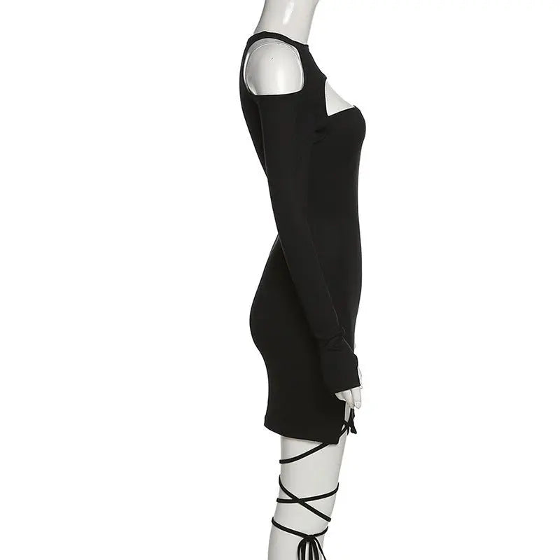 Hollow Out Long Sleeve Bandage Wrap Dress Women Off Shoulder Bodycon Mini Nightclub Dresses nowadaysfashion