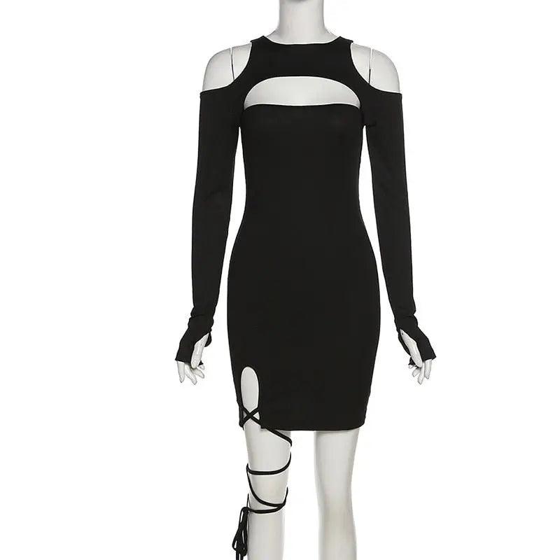 Hollow Out Long Sleeve Bandage Wrap Dress Women Off Shoulder Bodycon Mini Nightclub Dresses - Blade & Thread
