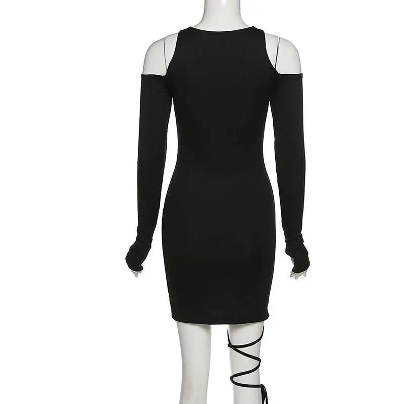 Hollow Out Long Sleeve Bandage Wrap Dress Women Off Shoulder Bodycon Mini Nightclub Dresses - Blade & Thread