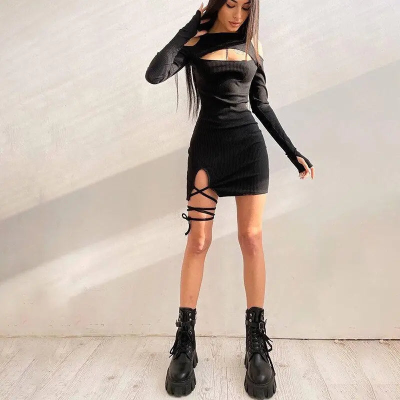 Hollow Out Long Sleeve Bandage Wrap Dress Women Off Shoulder Bodycon Mini Nightclub Dresses nowadaysfashion