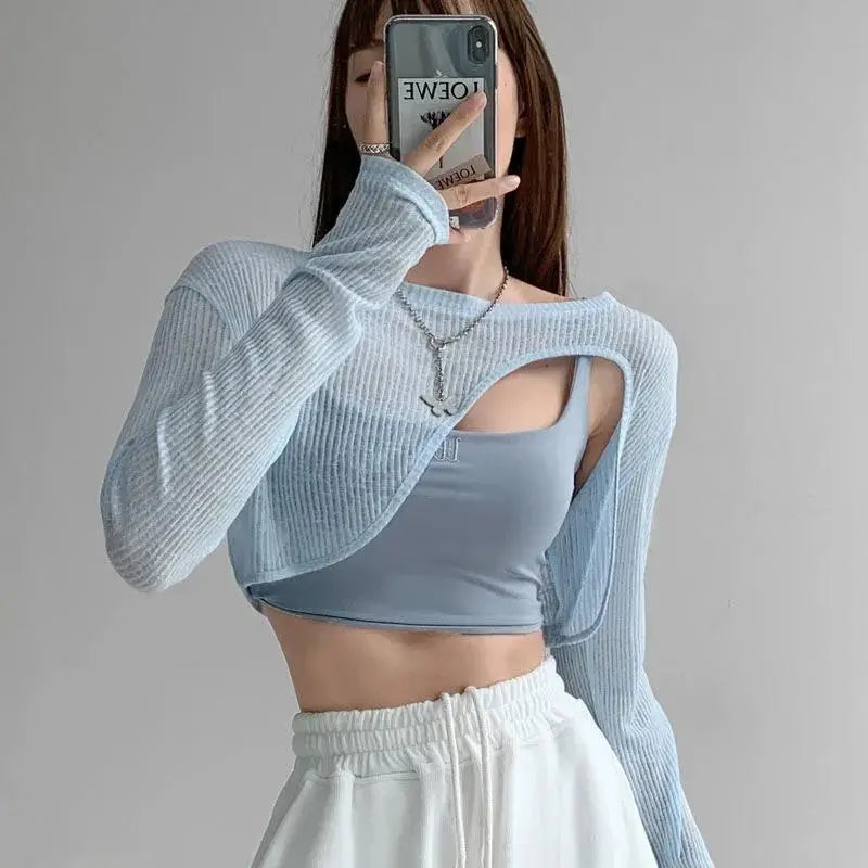 Hollow Smock T Shirt Women Summer Thin Irregular Long Sleeve Knitted - Blade & Thread