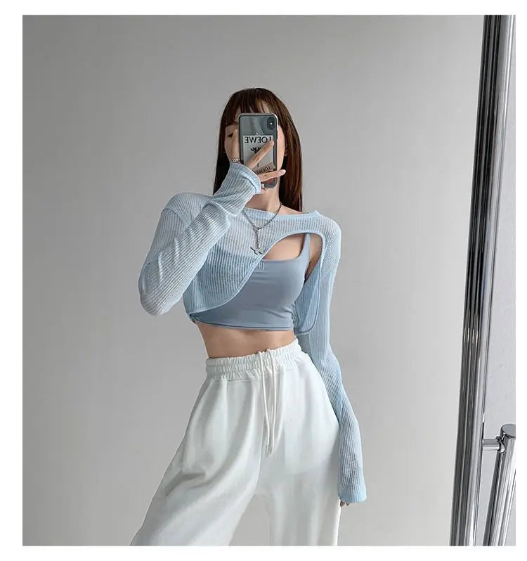Hollow Smock T Shirt Women Summer Thin Irregular Long Sleeve Knitted - Blade & Thread