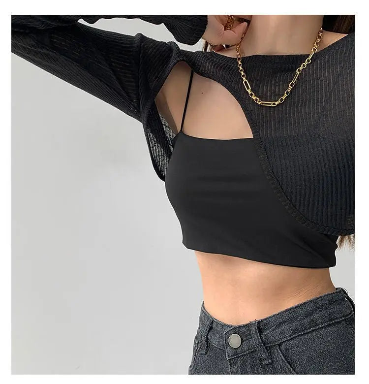 Hollow Smock T Shirt Women Summer Thin Irregular Long Sleeve Knitted - Blade & Thread