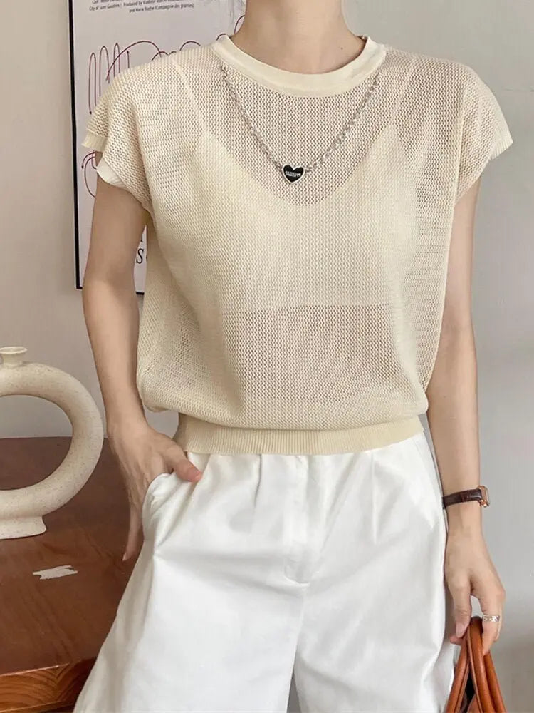 Hollow T-shirt Chain Women Summer New Solid Color Short Sleeve Knitted Tops Female 2022 nowadaysfashion