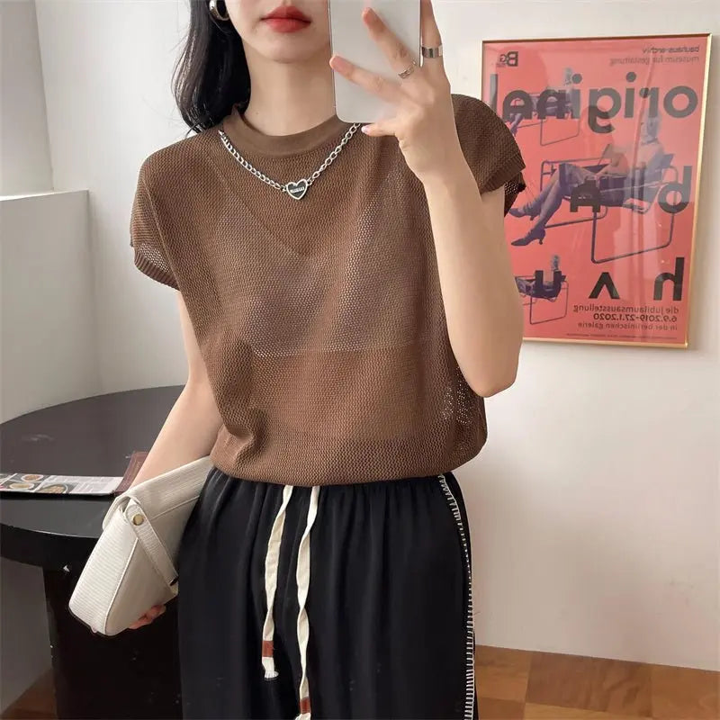 Hollow T-shirt Chain Women Summer New Solid Color Short Sleeve Knitted Tops Female 2022 - Blade & Thread