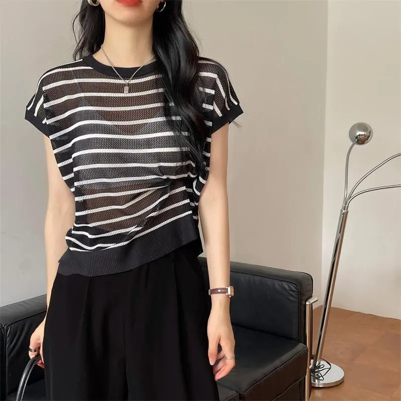 Hollow T-shirt Chain Women Summer New Solid Color Short Sleeve Knitted Tops Female 2022 - Blade & Thread