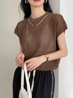 Hollow T-shirt Chain Women Summer New Solid Color Short Sleeve Knitted Tops Female 2022 nowadaysfashion