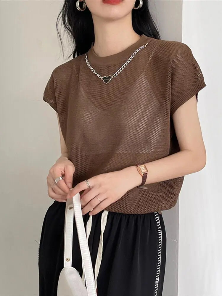 Hollow T-shirt Chain Women Summer New Solid Color Short Sleeve Knitted Tops Female 2022 nowadaysfashion