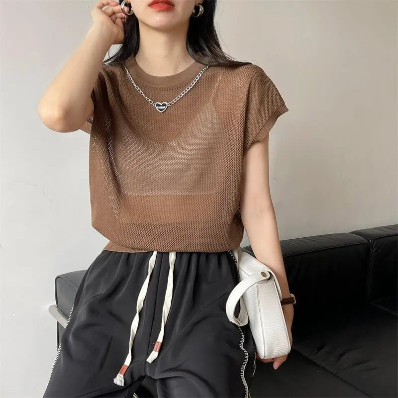Hollow T-shirt Chain Women Summer New Solid Color Short Sleeve Knitted Tops Female 2022 - Blade & Thread