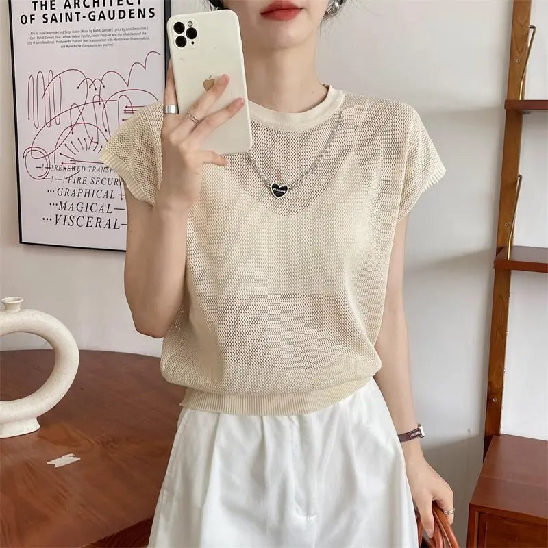 Hollow T-shirt Chain Women Summer New Solid Color Short Sleeve Knitted Tops Female 2022 - Blade & Thread