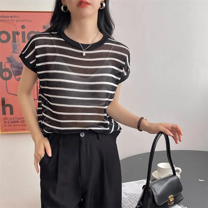 Hollow T-shirt Chain Women Summer New Solid Color Short Sleeve Knitted Tops Female 2022 - Blade & Thread