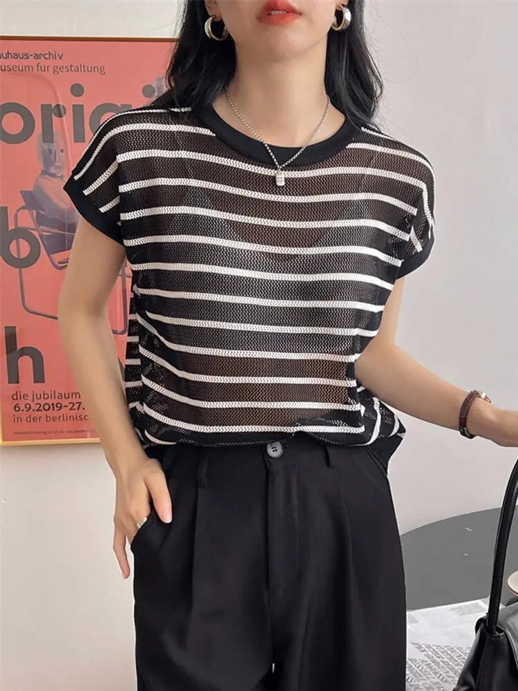 Hollow T-shirt Chain Women Summer New Solid Color Short Sleeve Knitted Tops Female 2022 - Blade & Thread
