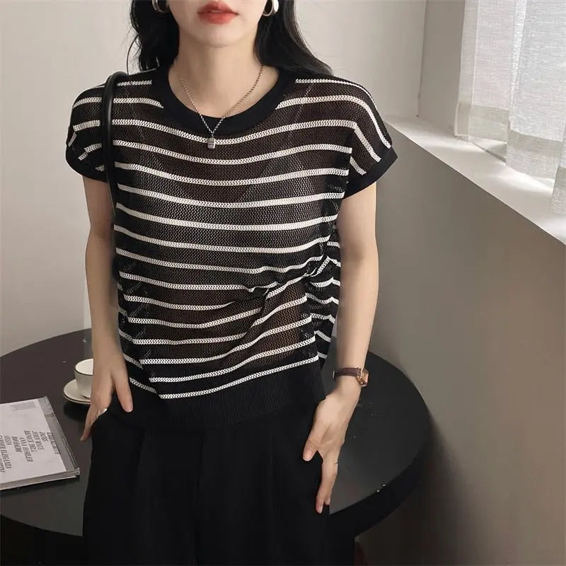 Hollow T-shirt Chain Women Summer New Solid Color Short Sleeve Knitted Tops Female 2022 - Blade & Thread