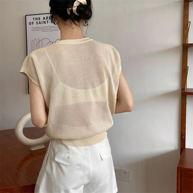 Hollow T-shirt Chain Women Summer New Solid Color Short Sleeve Knitted Tops Female 2022 nowadaysfashion