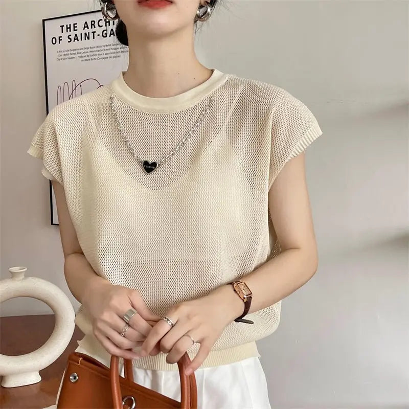Hollow T-shirt Chain Women Summer New Solid Color Short Sleeve Knitted Tops Female 2022 - Blade & Thread