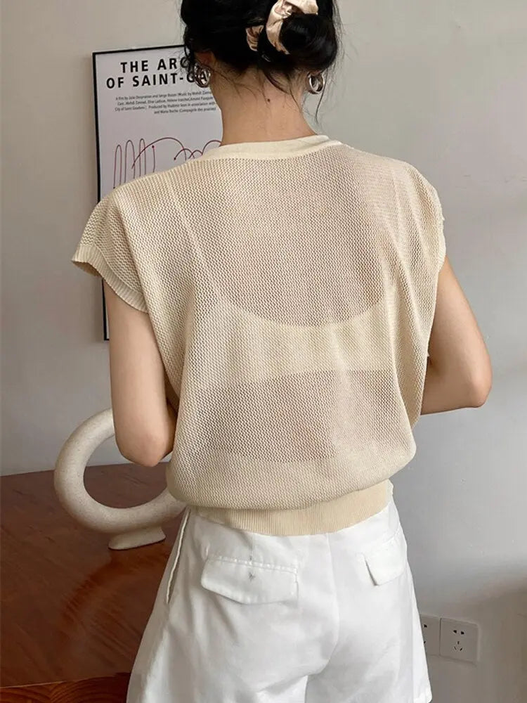 Hollow T-shirt Chain Women Summer New Solid Color Short Sleeve Knitted Tops Female 2022 nowadaysfashion