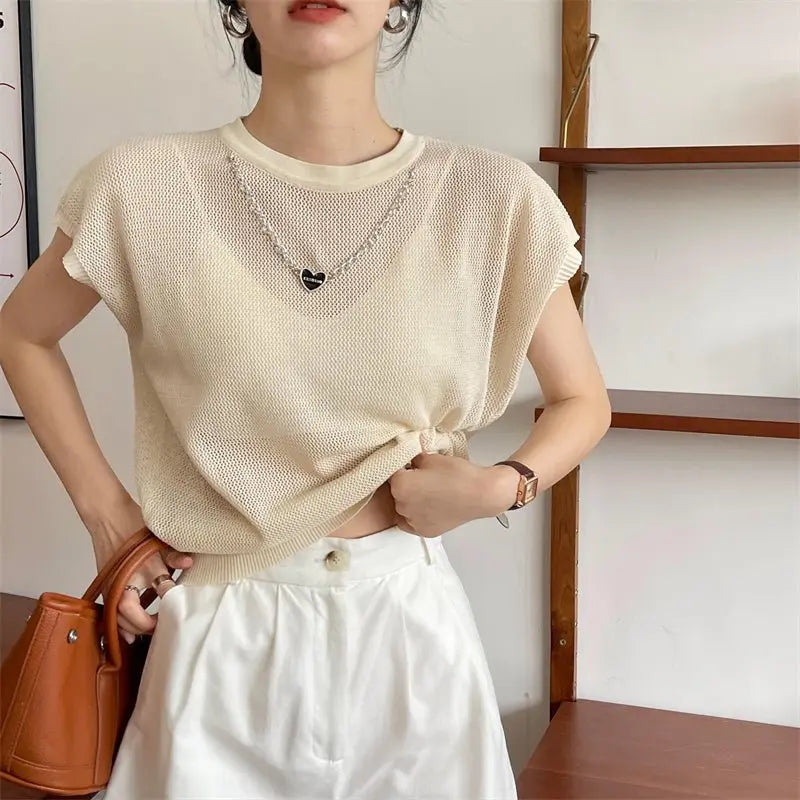 Hollow T-shirt Chain Women Summer New Solid Color Short Sleeve Knitted Tops Female 2022 - Blade & Thread