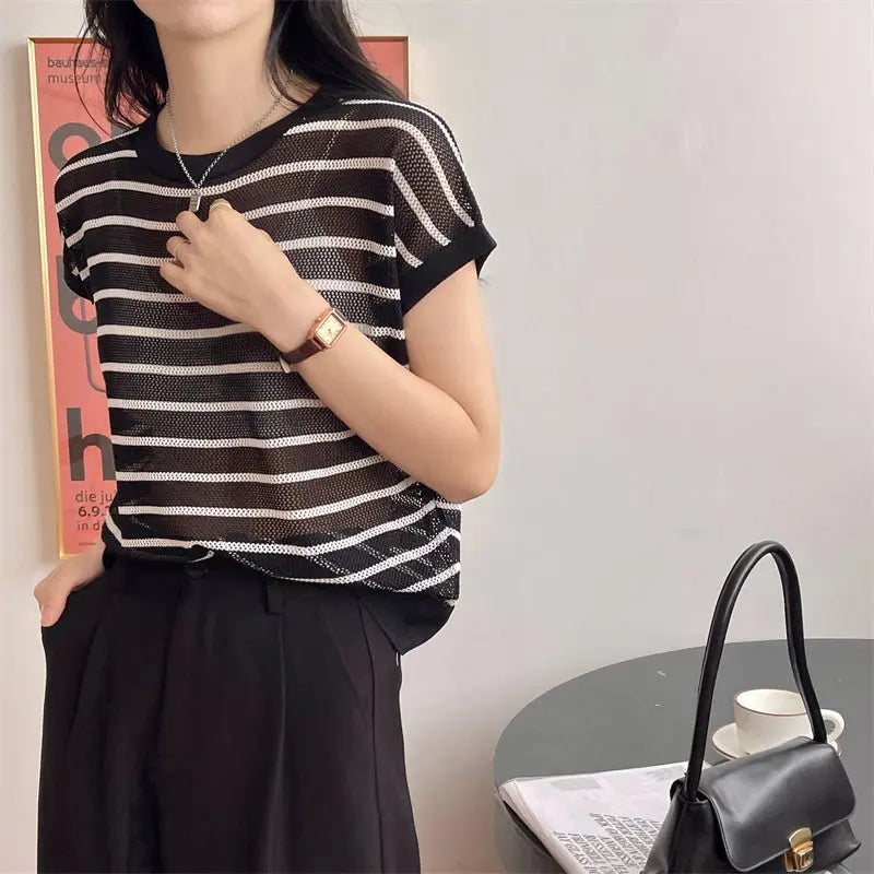 Hollow T-shirt Chain Women Summer New Solid Color Short Sleeve Knitted Tops Female 2022 - Blade & Thread